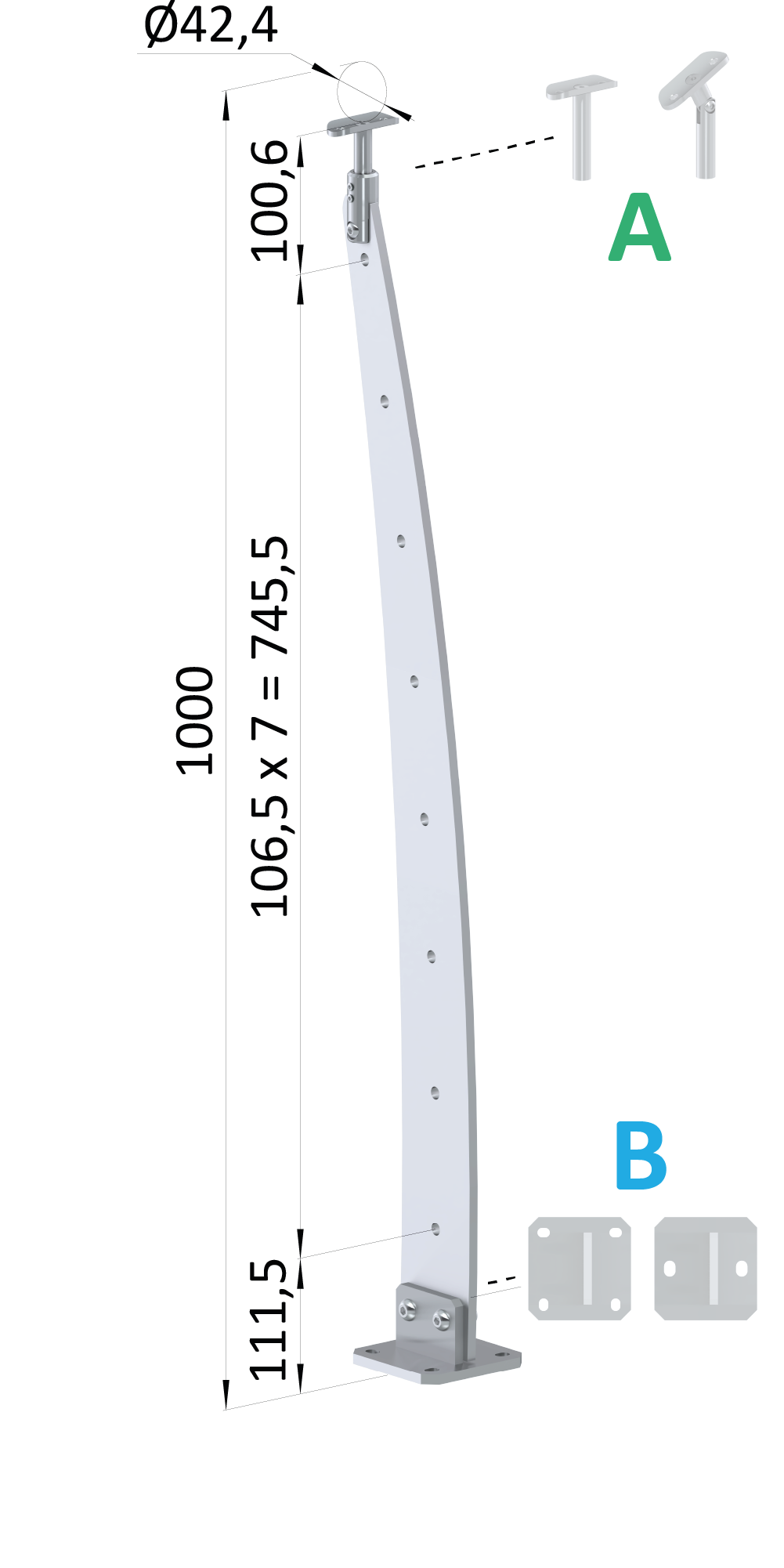 Nerezový vypalovaný sloup, vrchní kotvení, 8děrový