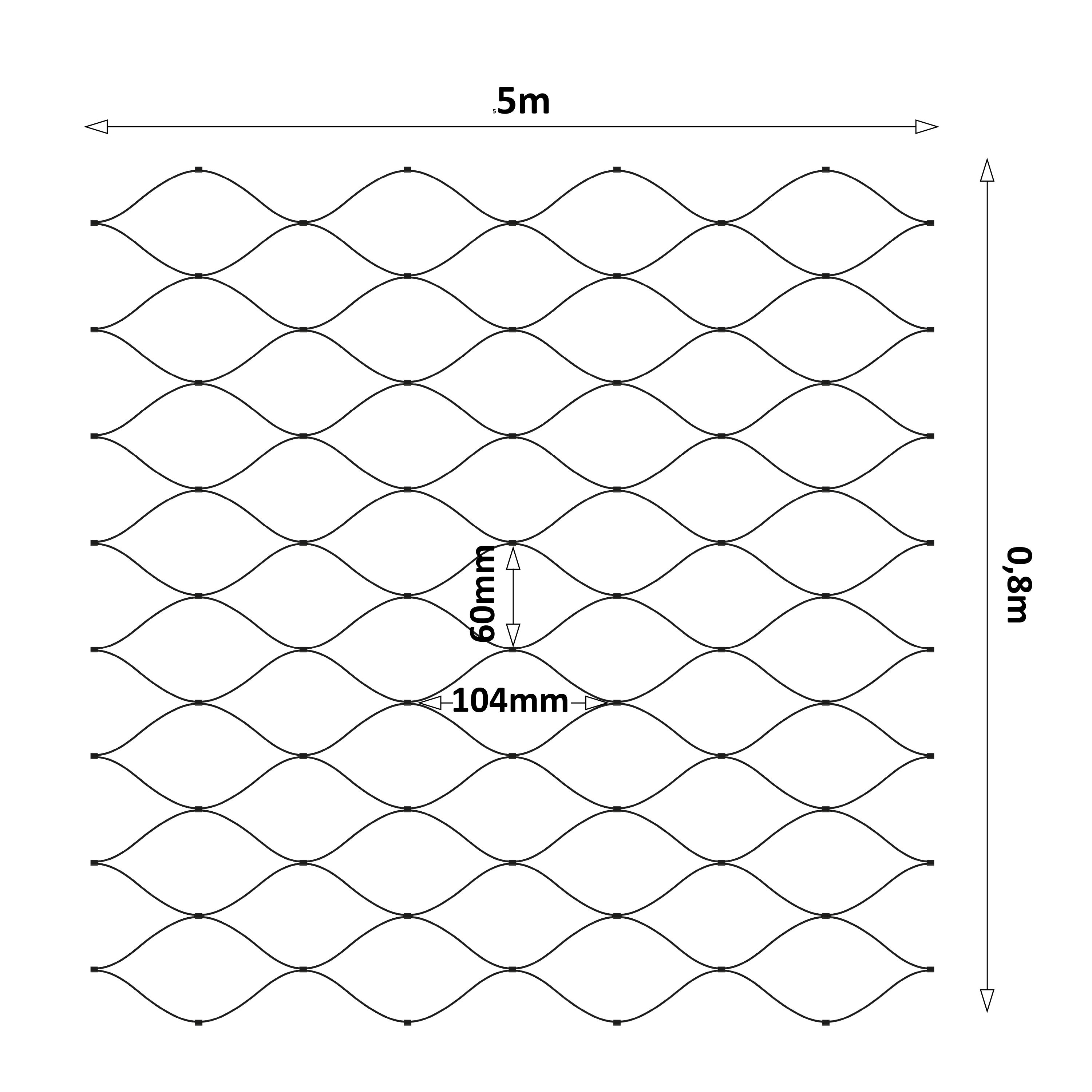 Černá lanová síť, 0,8 x 5 m, oko 60 x 104 mm, ø 2 mm, AISI 304