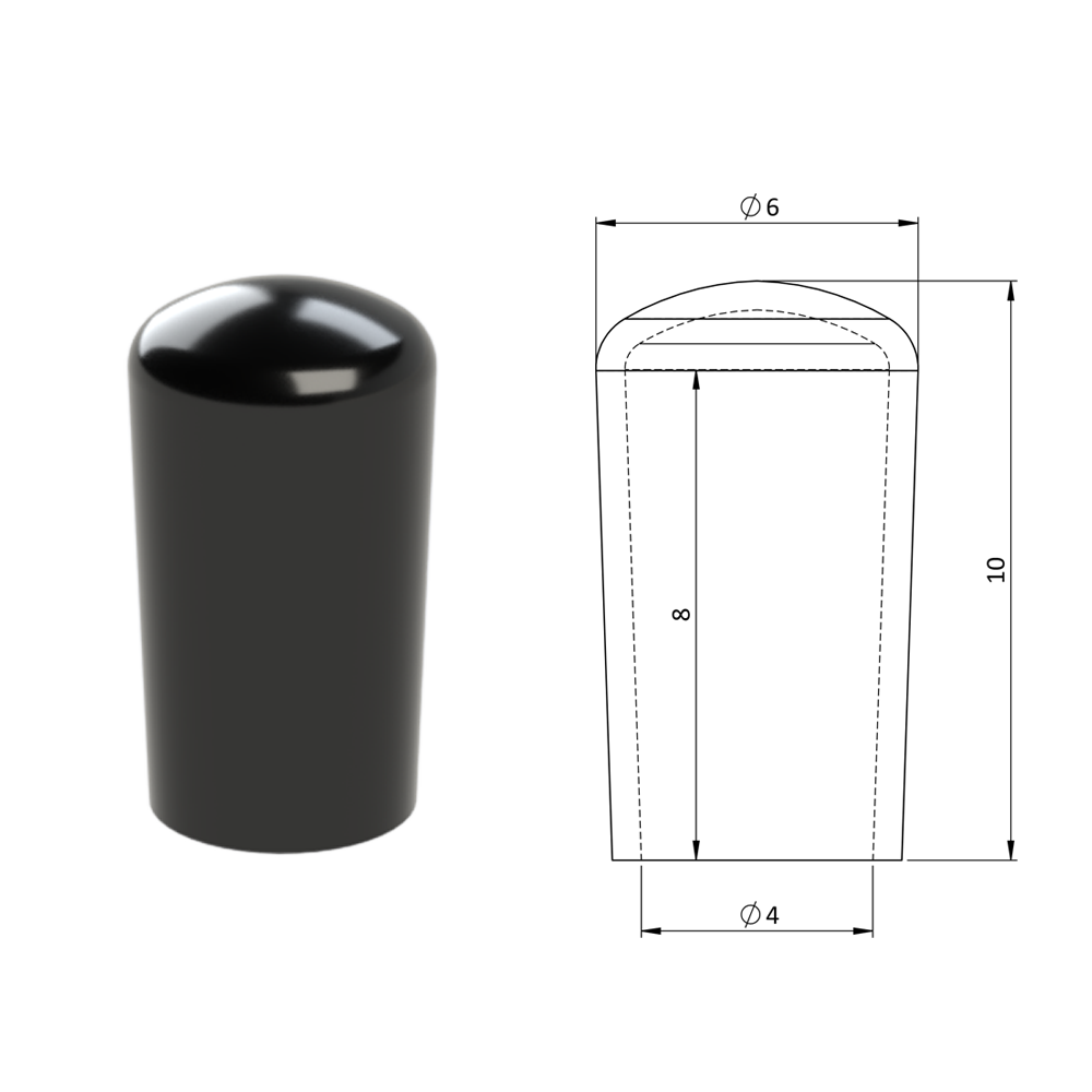 Vnější krytka PVC ø 6 x 10 mm, otvor 4 x 8 mm, černá