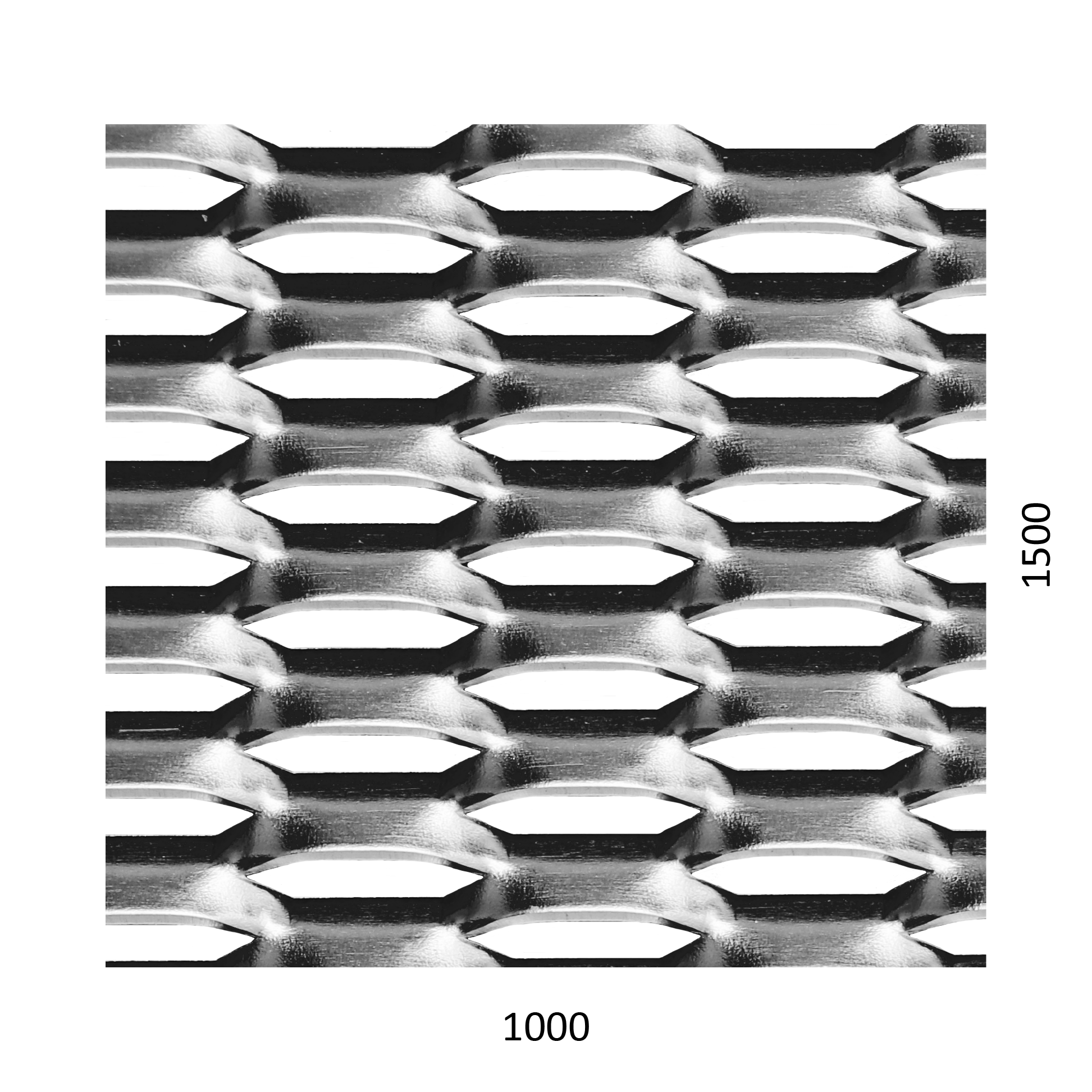 Tahokov Fe, kosočtvercové oko: 44x12mm, mostík: 5mm (1000x1500x1.5mm), orientace oka: rozměr oka 44mm je rovnoběžná s ro