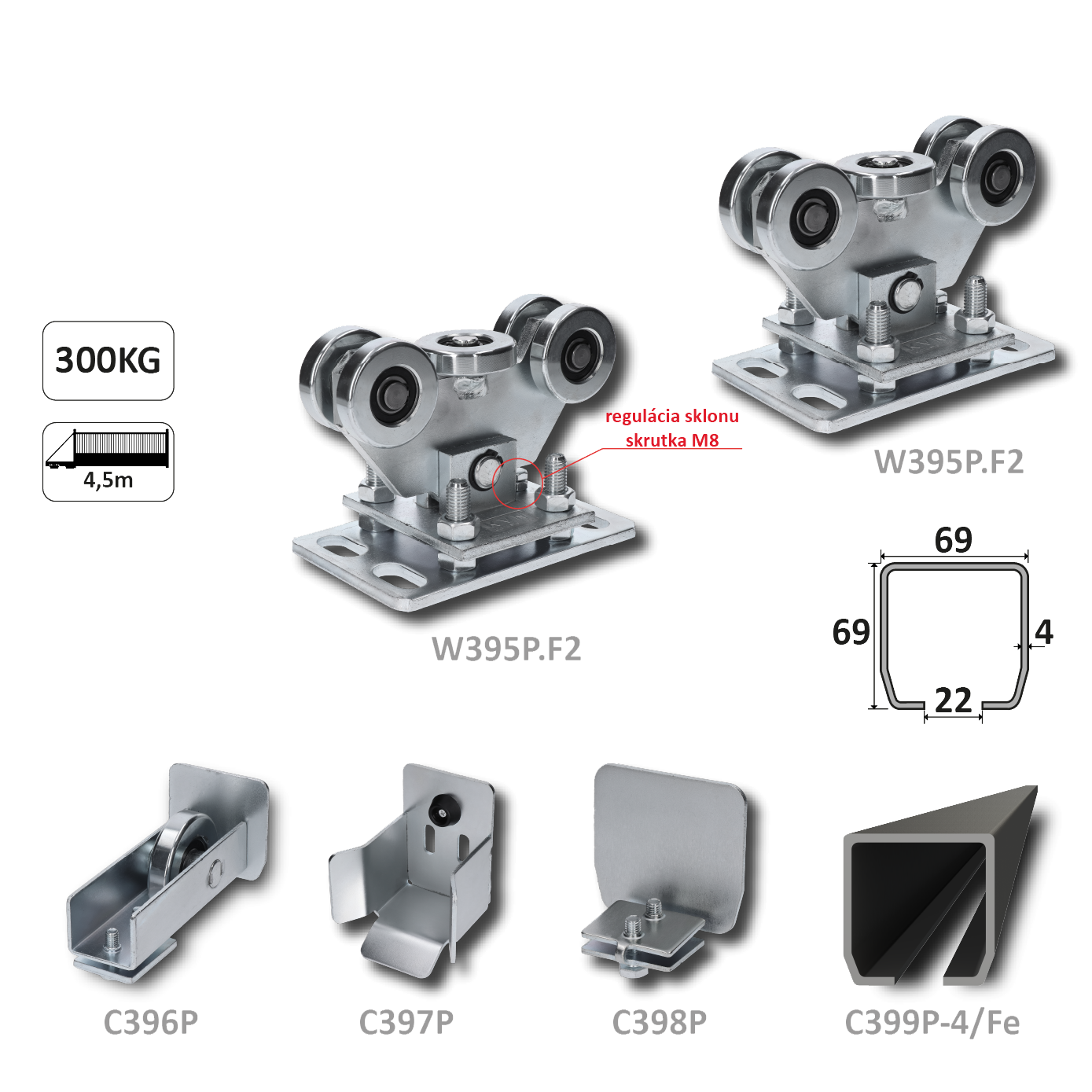 Samonos do 300 kg, profil 69 x 69 x 6000 mm, Fe