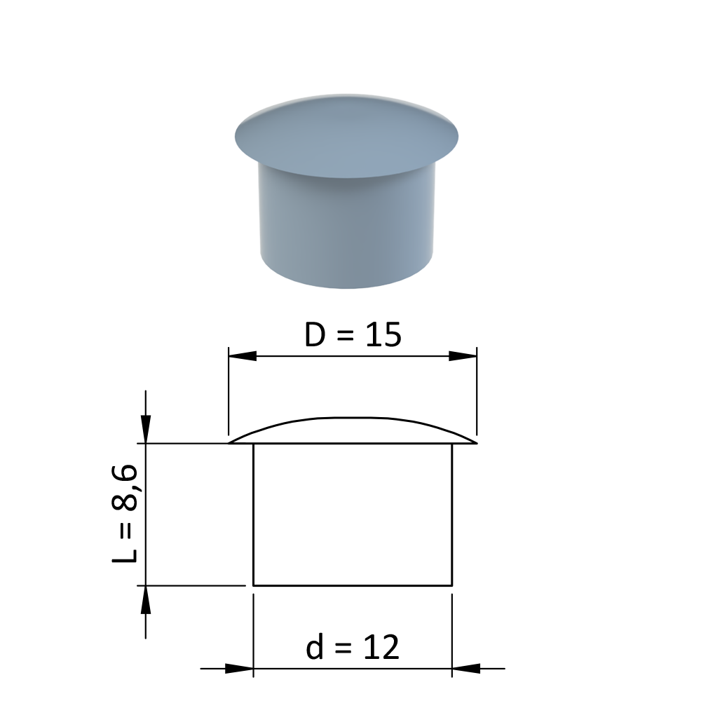 Vnitřní krytka kulatá ø 15 mm, otvor ø 12 mm, šedá, plast