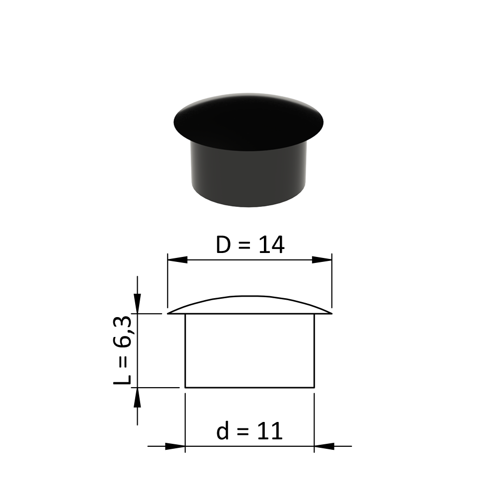 Vnitřní krytka kulatá ø 14 mm, otvor ø 11 mm, černá, plast