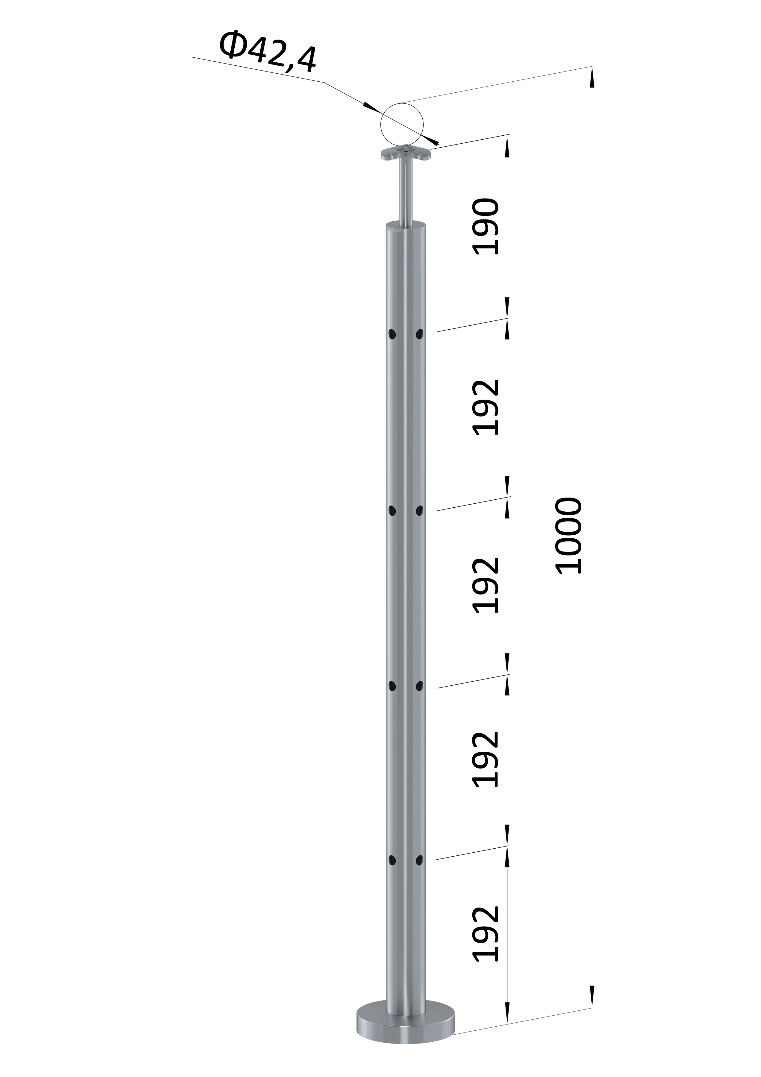 Nerezový sloup, vrchní kotvení, 4děrový, rohový: 90°