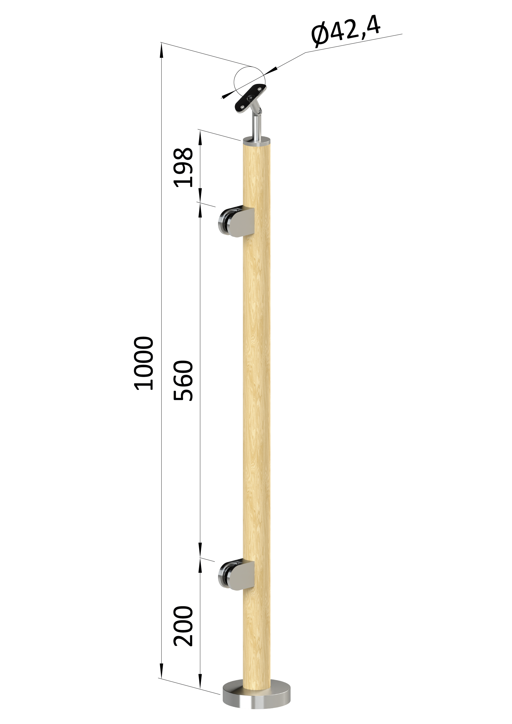 Dřevěný sloup, vrchní kotvenie, výplň: sklo, levý