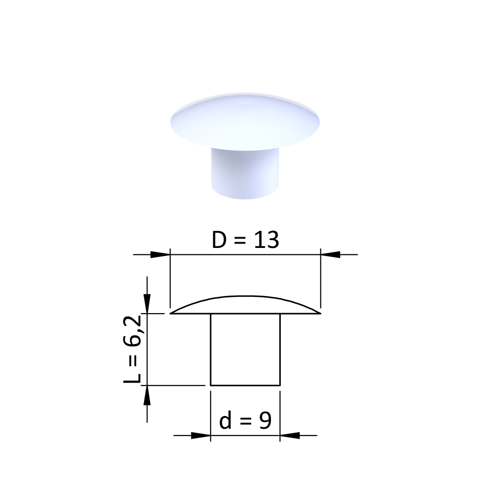 Vnitřní krytka kulatá ø 13 mm, otvor ø 9 mm, bílá, plast