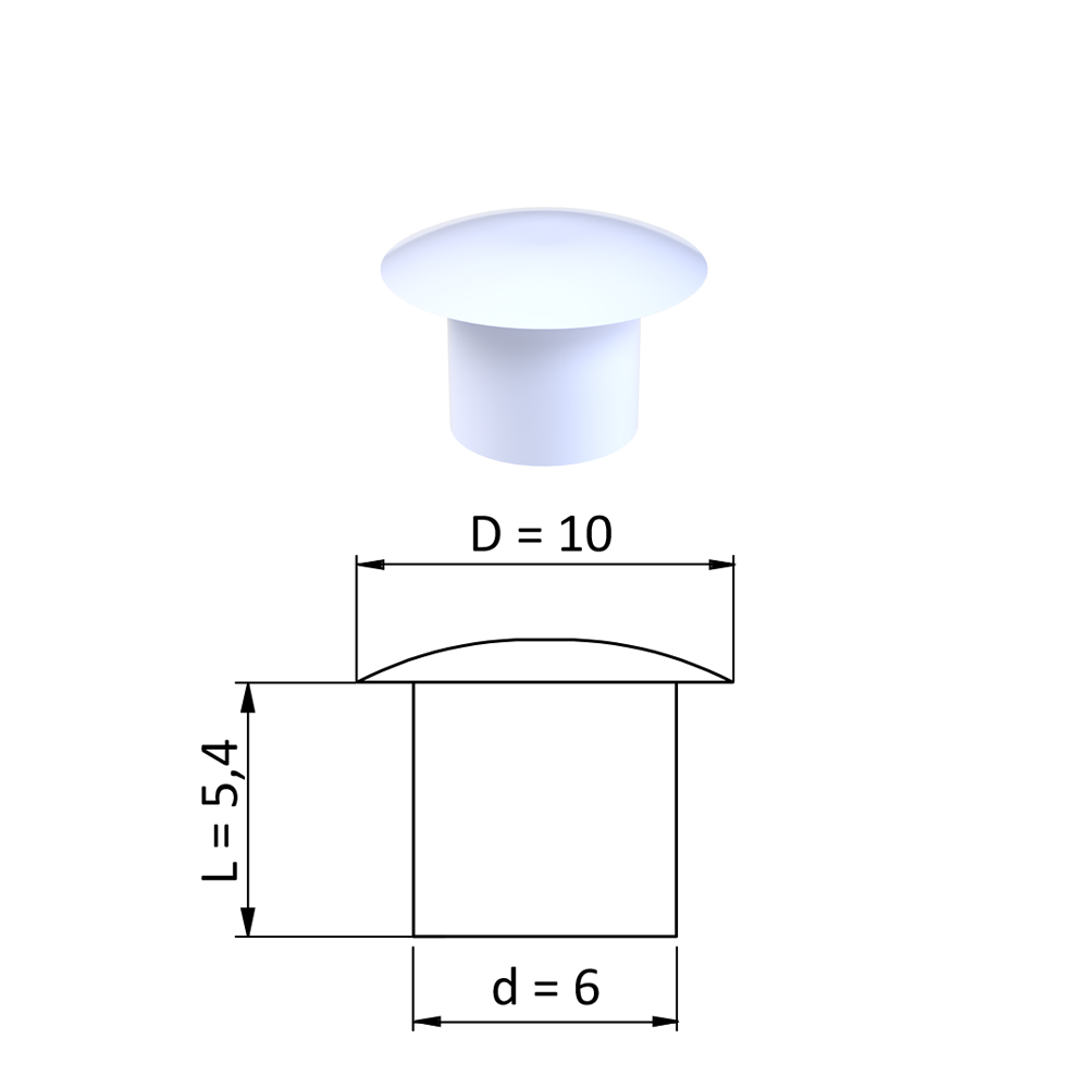 Vnitřní krytka kulatá ø 10 mm, otvor ø 6 mm, bílá, plast