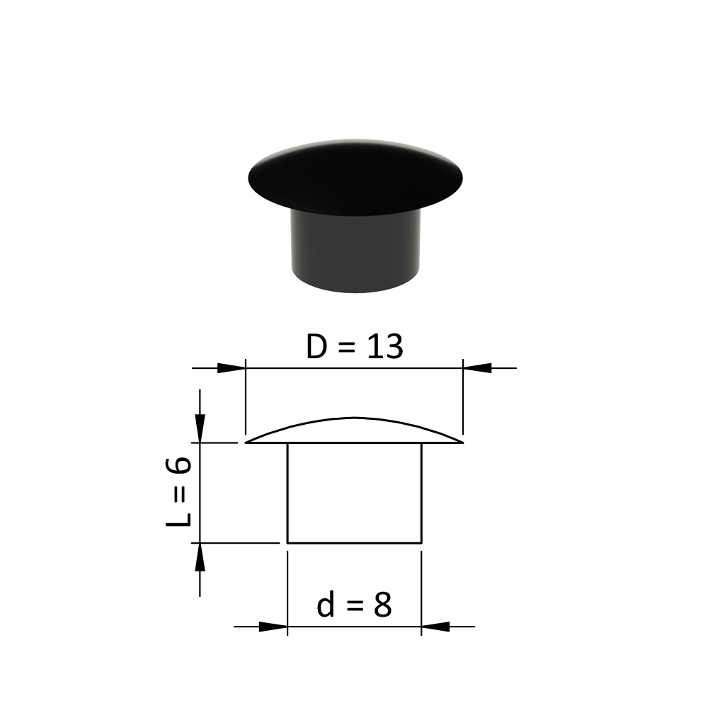 Vnitřní krytka kulatá ø 13 mm, otvor ø 8 mm, černá, plast