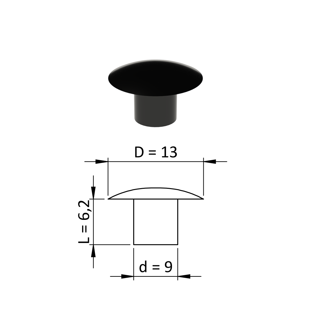 Vnitřní krytka kulatá ø 13 mm, otvor ø 9 mm, černá, plast