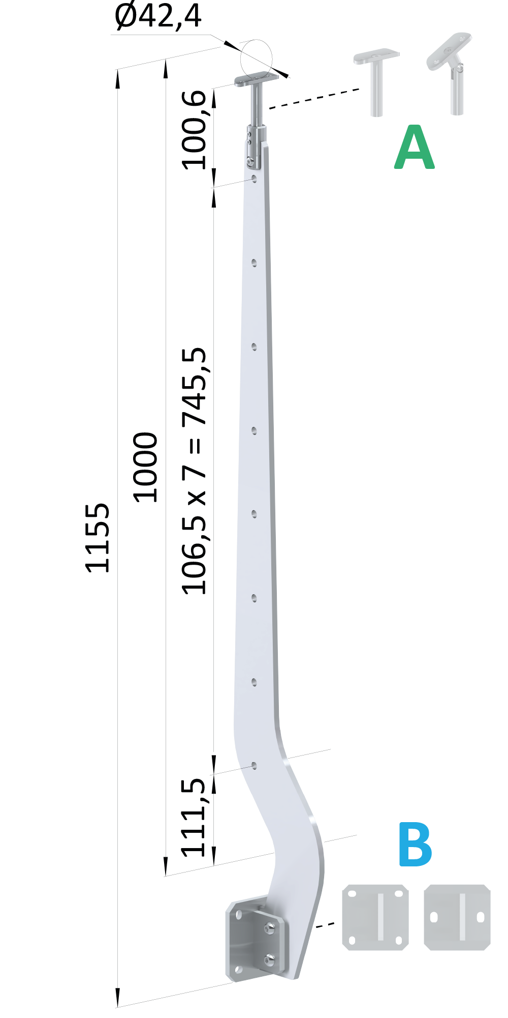 Nerezový vypalovaný sloup, boční kotvení, 8děrový