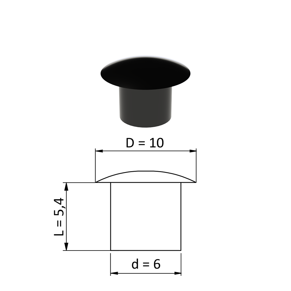 Vnitřní krytka kulatá ø 10 mm, otvor ø 6 mm, černá, plast