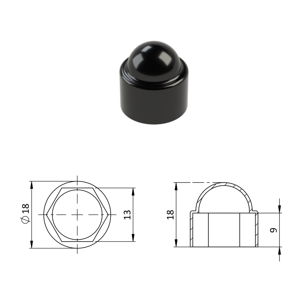 Krytka plastová na matice a šrouby M8, černá