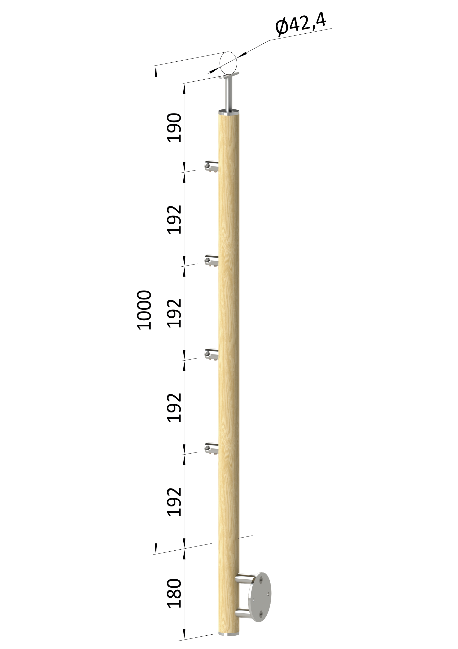 Dřevěný sloup, boční kotvení, 4řadový, průchozí, vnější