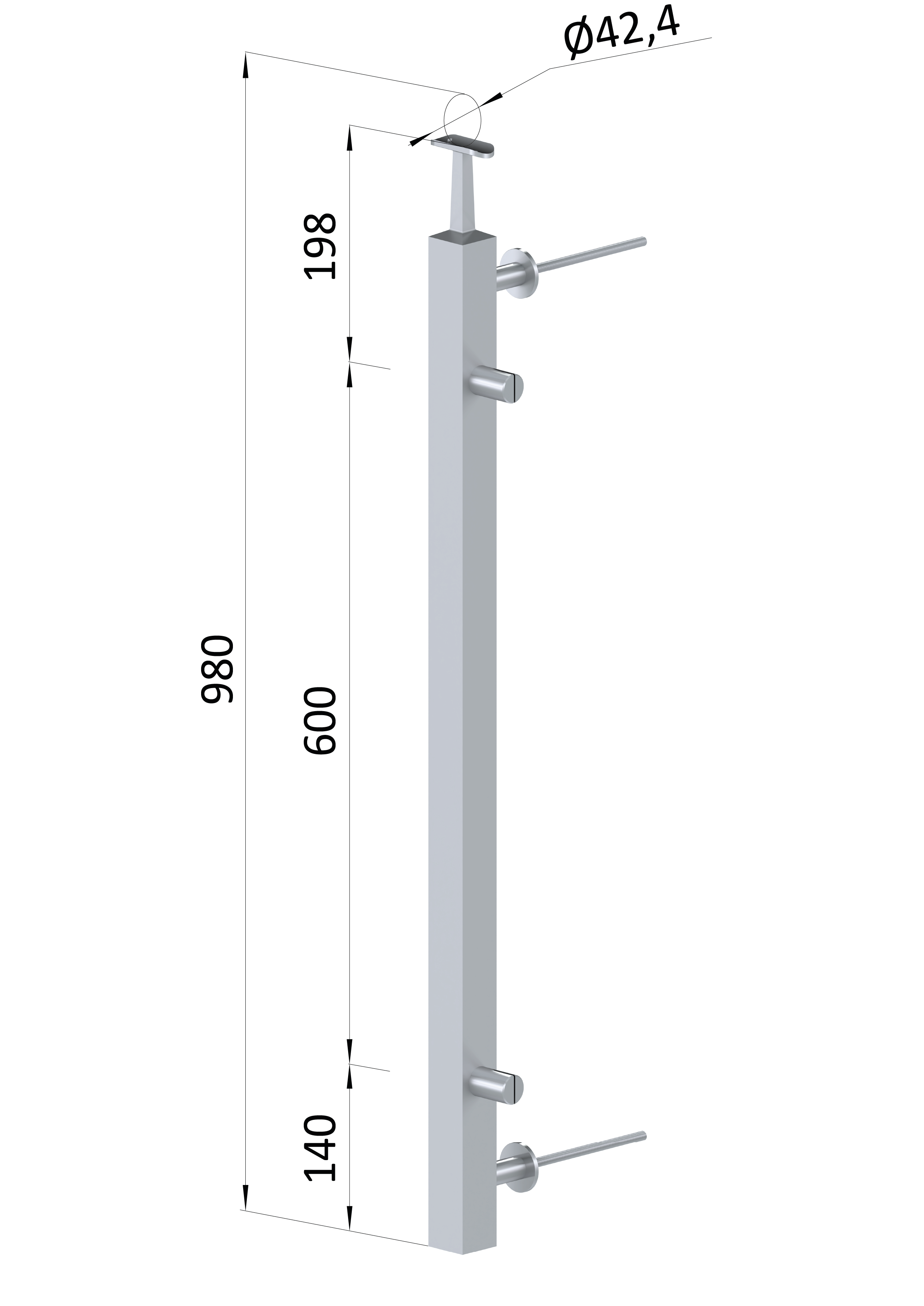 Nerezový sloup fr. balkon, boční kotvení, výplň: sklo, pravý