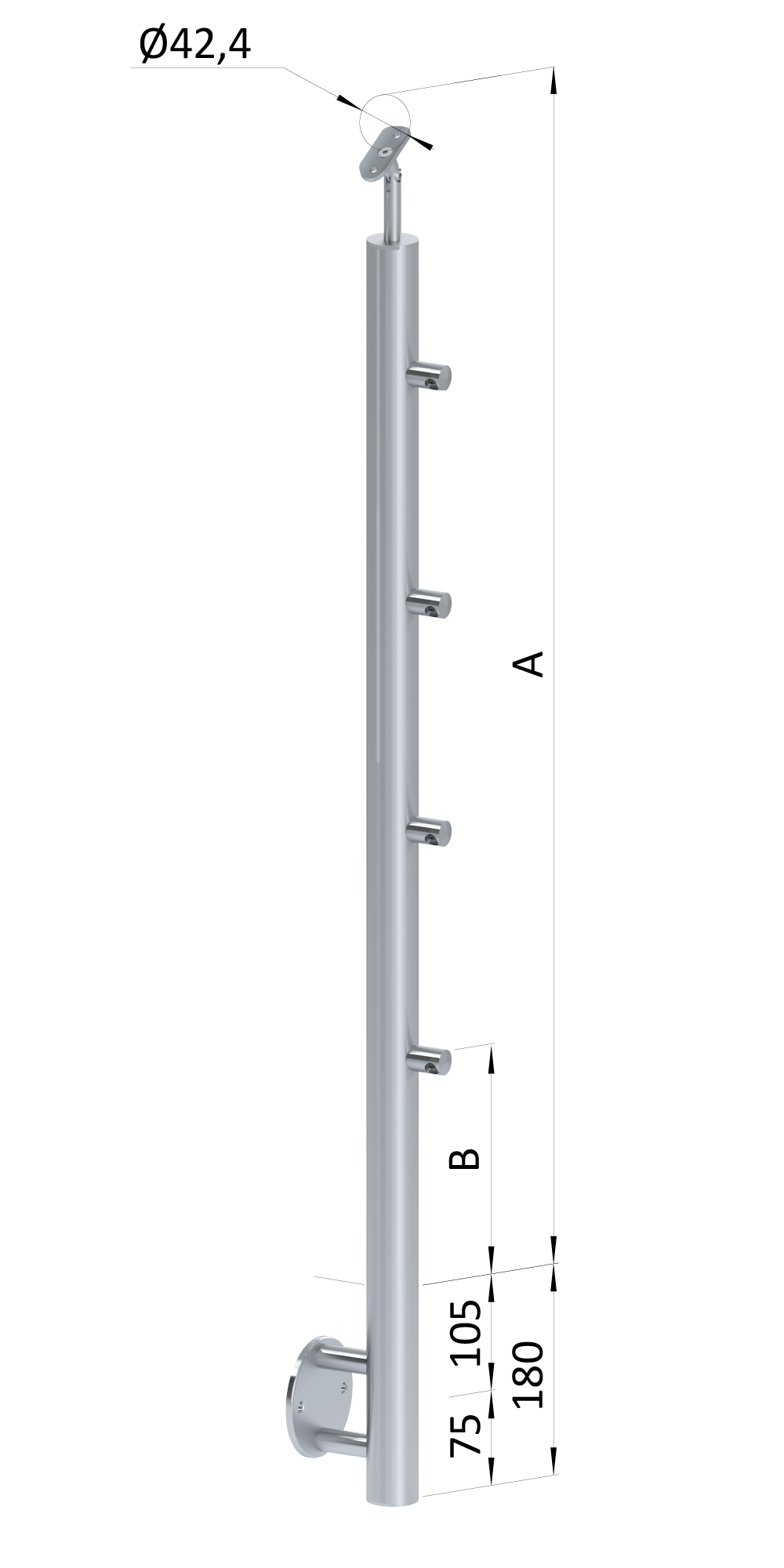 Nerezový sloup, boční kotvení, 4řadový průchozí