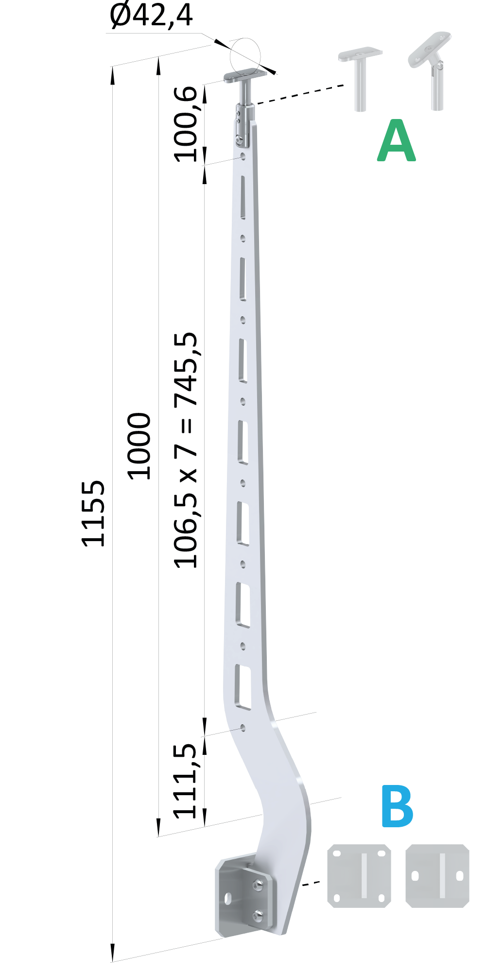 Nerezový vypalovaný sloup, boční kotvení, 8děrový