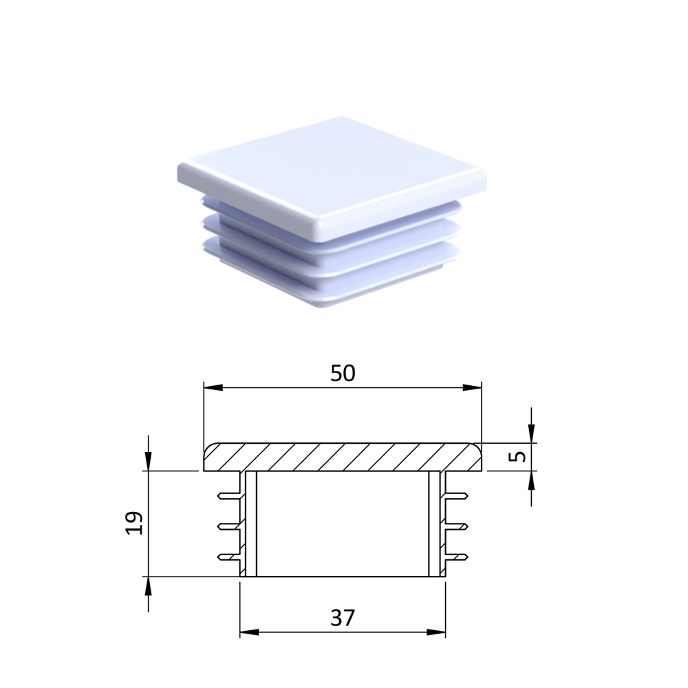 Krytka plastová 50 x 50 x 3 - 5 mm, bílá