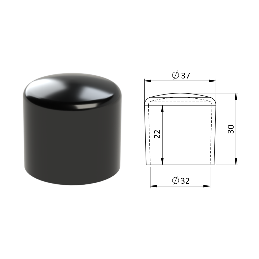 Vnější krytka PVC ø 37 x 30 mm, otvor 32 x 22 mm, černá
