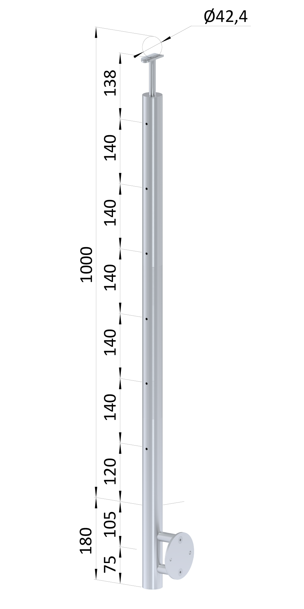 Nerezový sloup, boční kotvení, 6děrový, lanko, průchozí