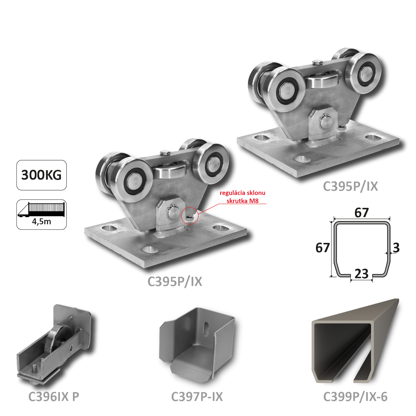 PICCOLO samonos do 300 kg/4,5 m, profil 67 x 67 x 3 mm, nerez