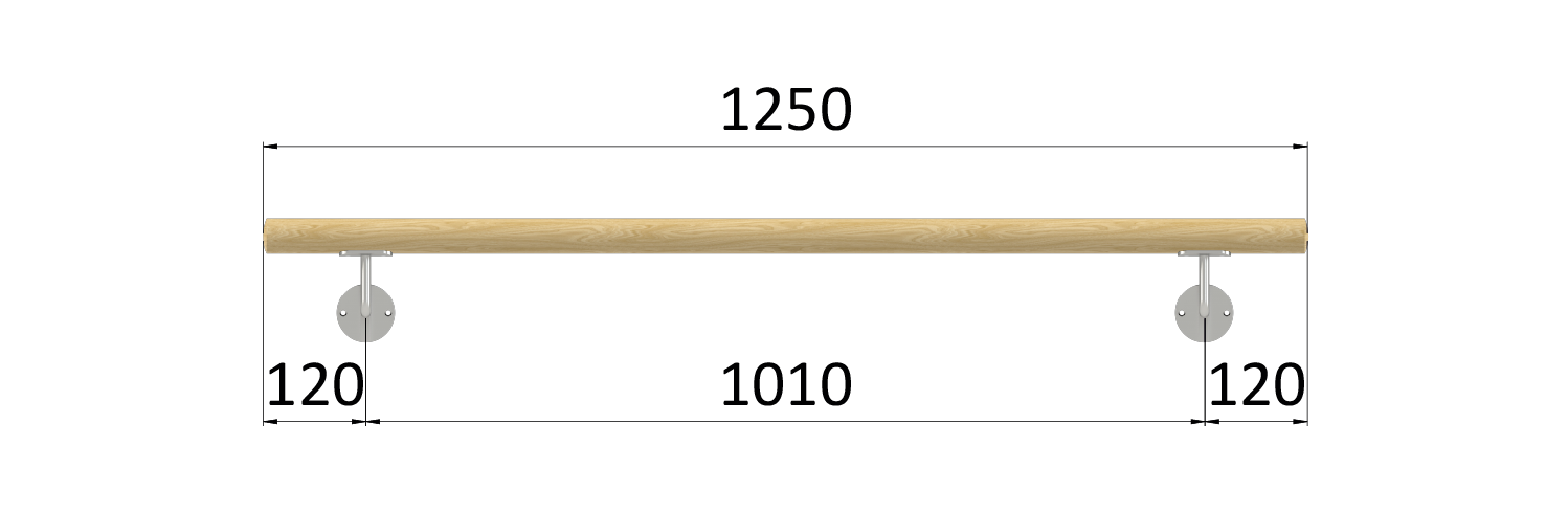 Madlo drevené (1250mm), materiál: buk, brúsený povrch bez náteru, set: 2 ks úchyt, madlo s ukončením