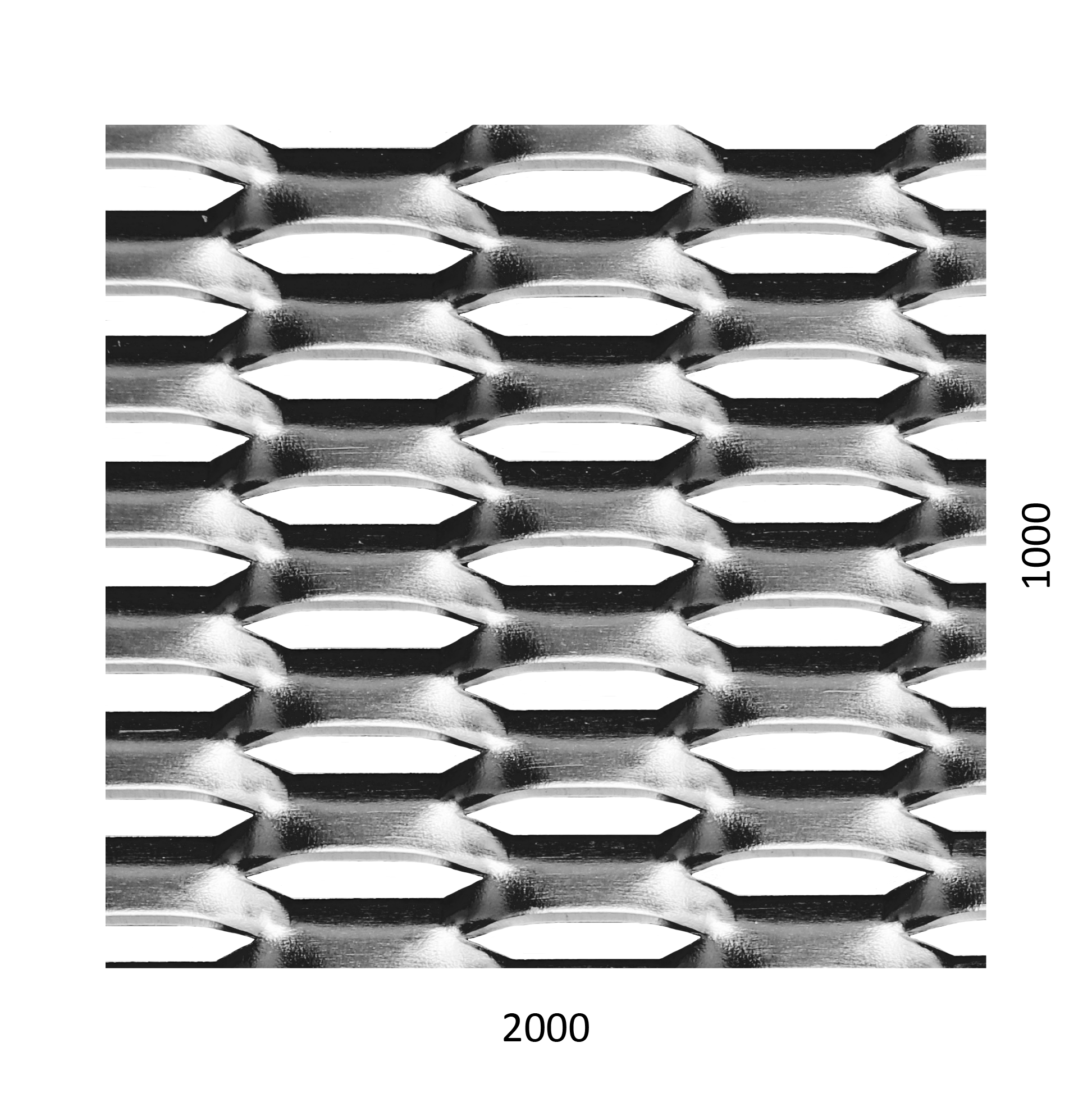 Tahokov Fe, kosočtvercové oko: 44x12mm, mostík: 5mm (2000x1000x1.5mm), orientace oka: rozměr oka 44mm je rovnoběžná s ro