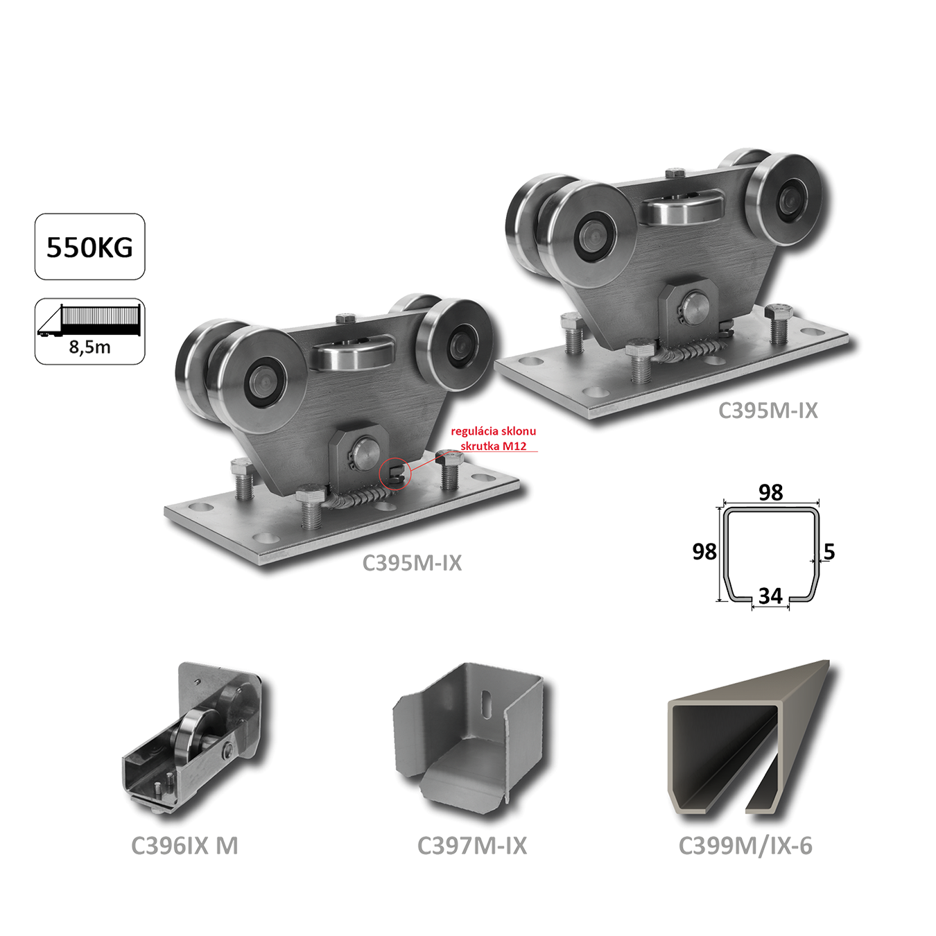 MEDIO samonos do 550 kg/8,5 m, profil 98 x 98 x 5 mm, nerez