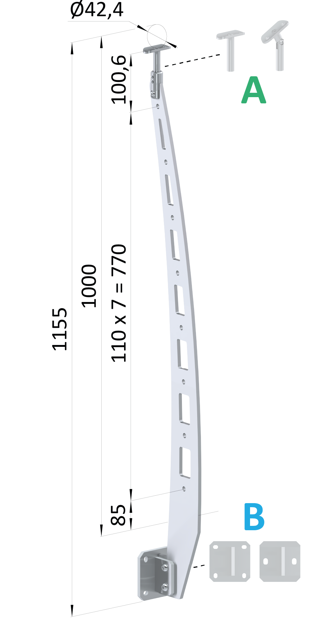 Nerezový vypalovaný sloup, boční kotvení, 8děrový