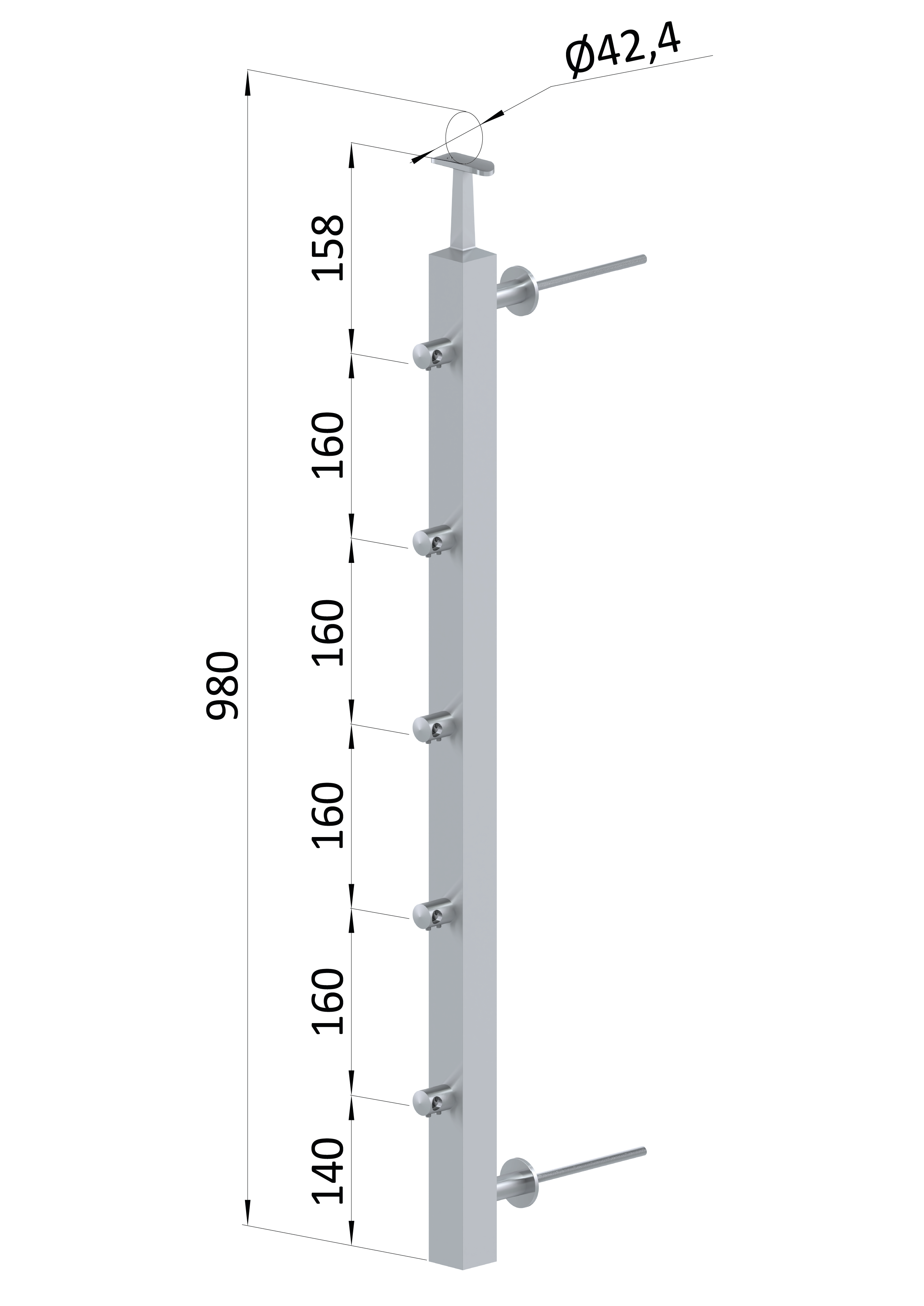 Nerezový sloup na francouzský balkón, boční kotvení, 5 řadový, pravý, vrch pevný, (40x40x2.0 mm), broušená nerez K320 /A