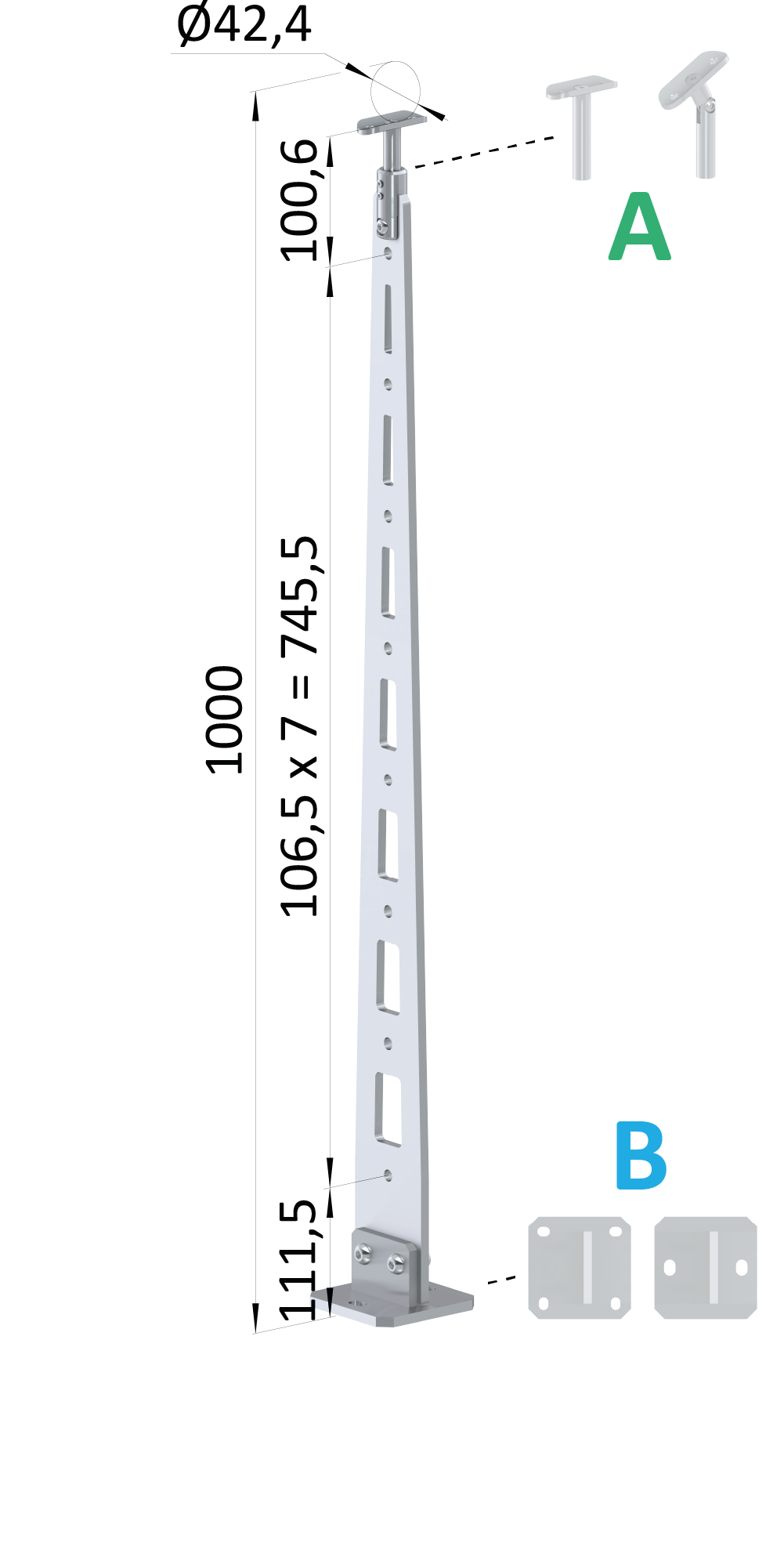 Nerezový vypalovaný sloup, vrchní kotvení, 8děrový