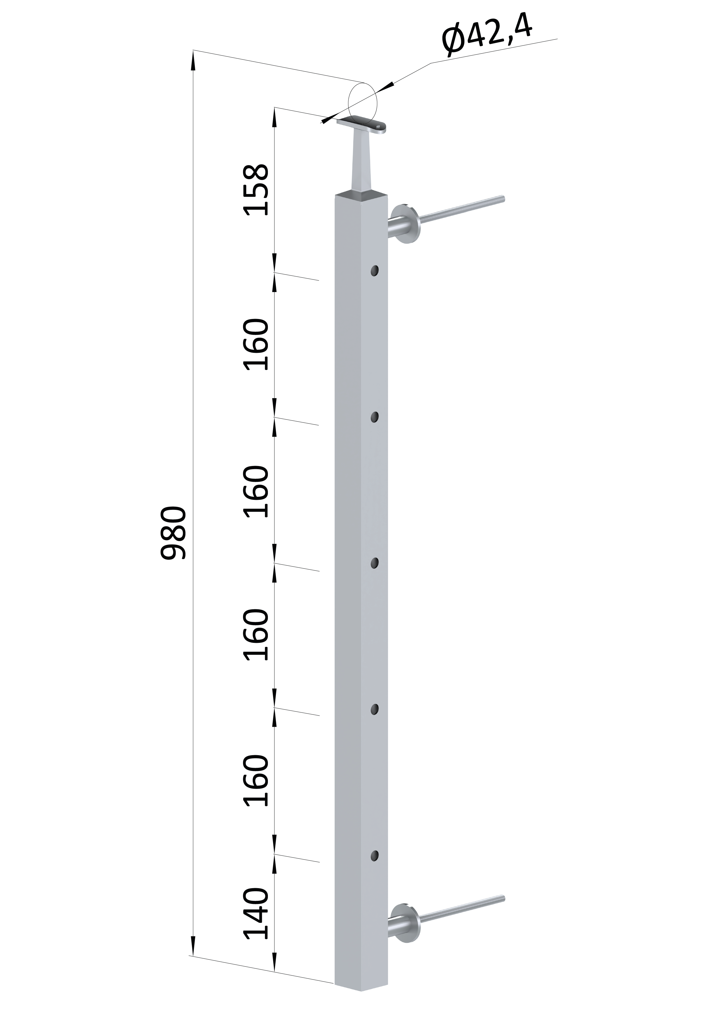 Nerezový sloup fr. balkón, boční kotvení, 5dírový, pravý