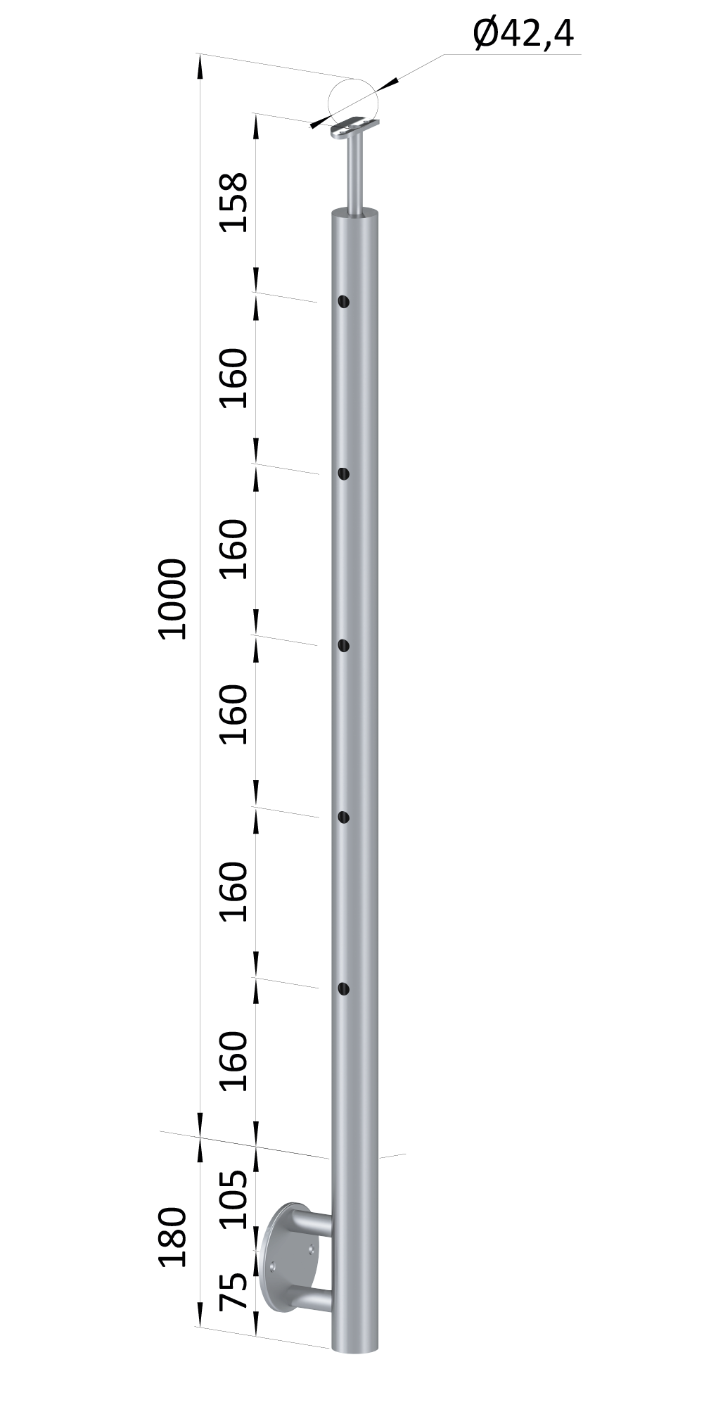 Nerezový sloup, boční kotvení, 5děrový koncový, levý