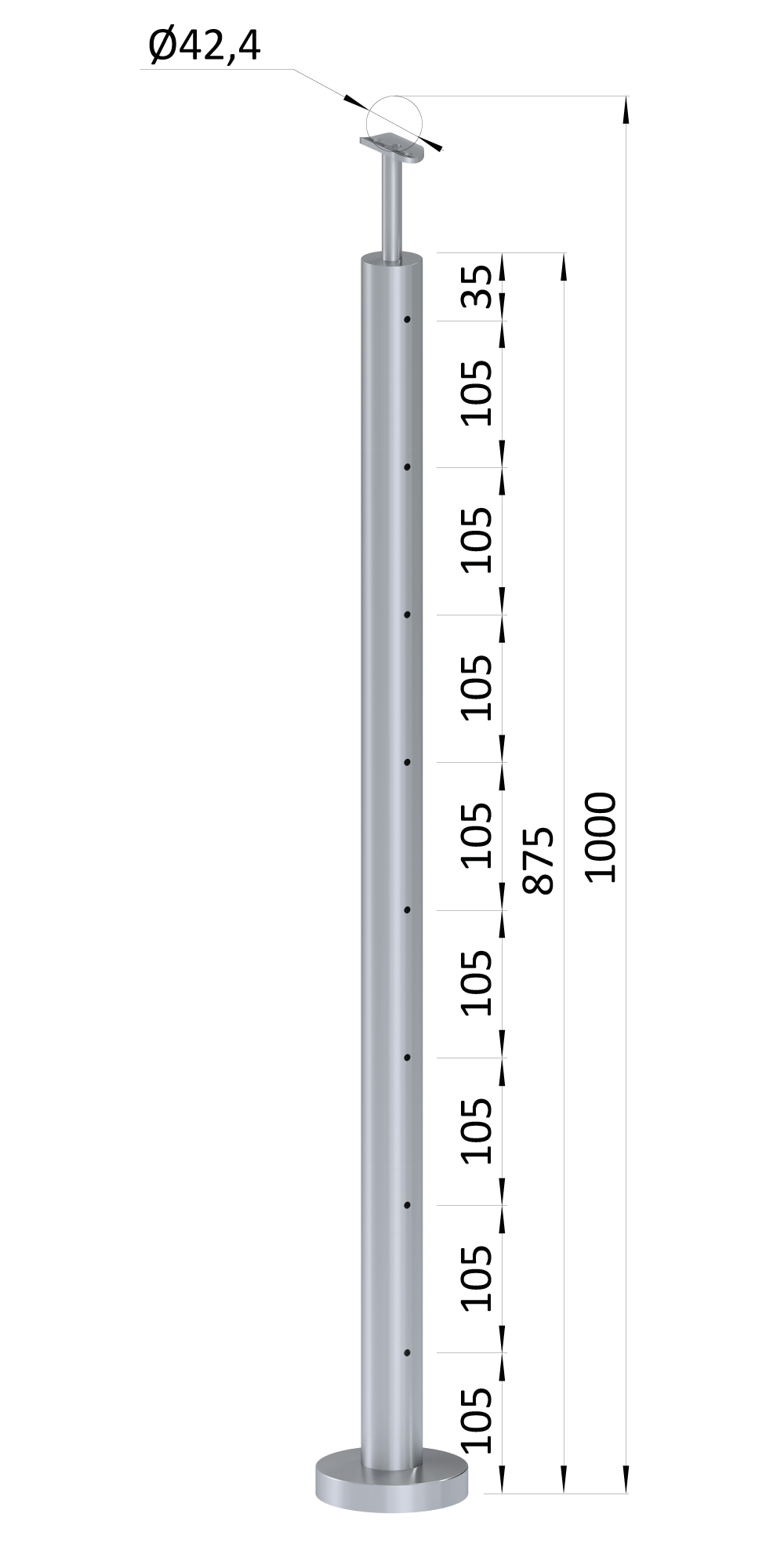 Nerezový sloup, vrchní kotvení, 8děrový, lanko, koncový