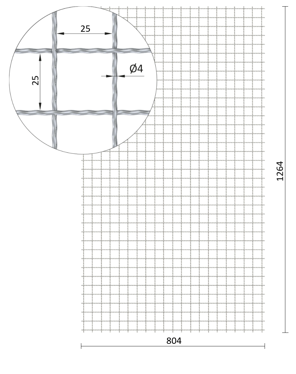 Rebierkové pletené sito, 1264 x 804 mm, oko 25x25mm, drôt 4mm, AISI 304