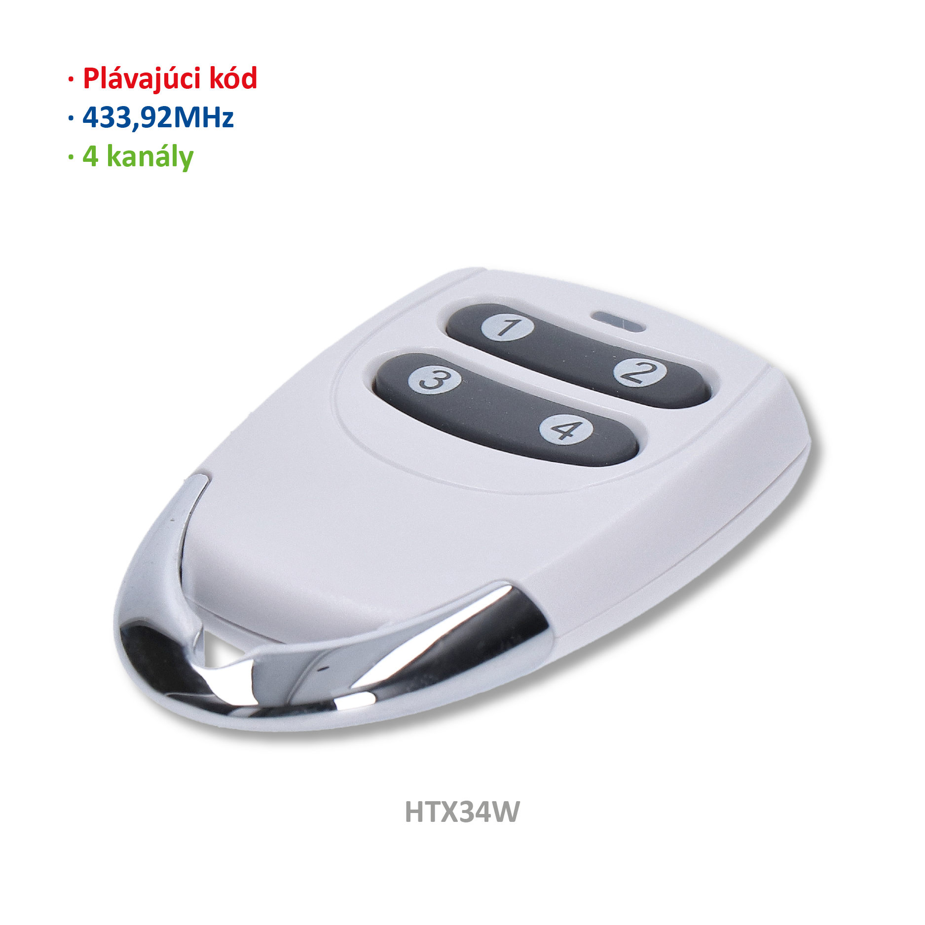 Vysílač 4kanálový, 433MHz, plovoucí kód, bílý