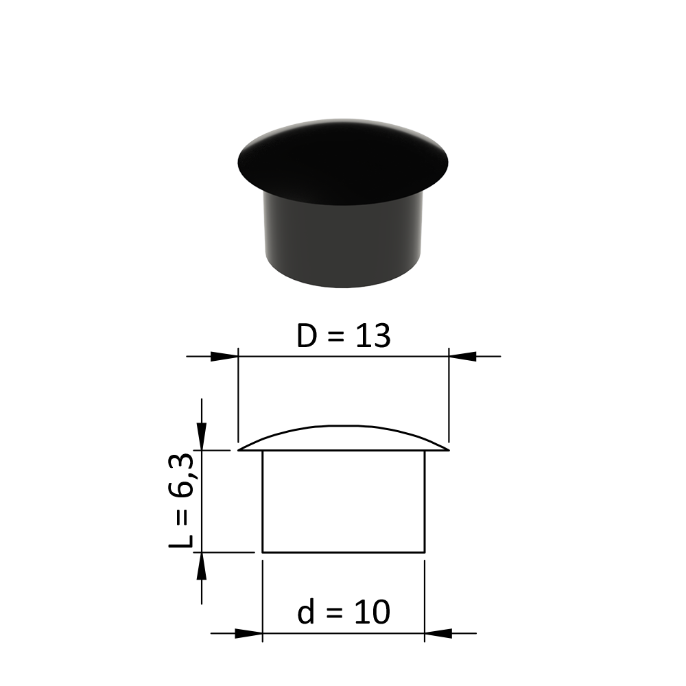 Vnitřní krytka kulatá ø 13 mm, otvor ø 10 mm, černá, plast