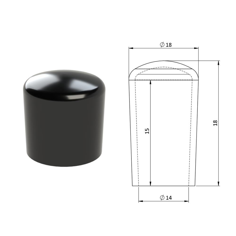 Vnější krytka PVC ø 18 x 18 mm, otvor 14 x 15 mm, černá