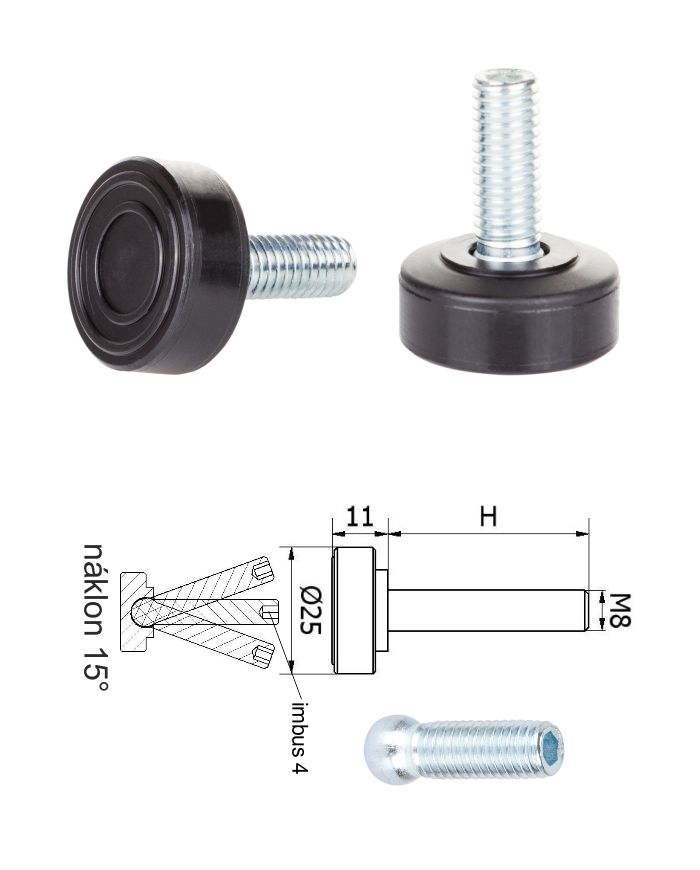 ø-25mm, M8x40mm, H-40mm, černá, kloubová plastová nivelační nožička, závitově-nastavitelná