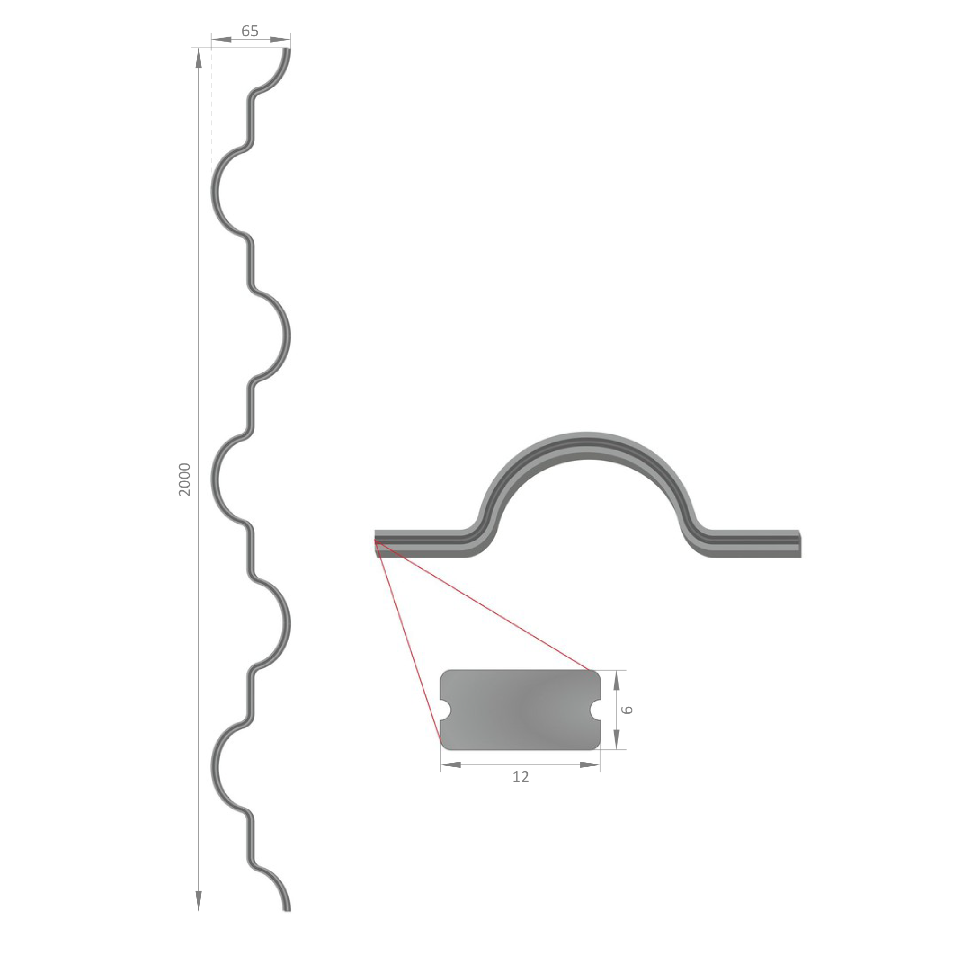 Mřížová výplň hladká 2000x65mm s drážkou, profil 12x6mm