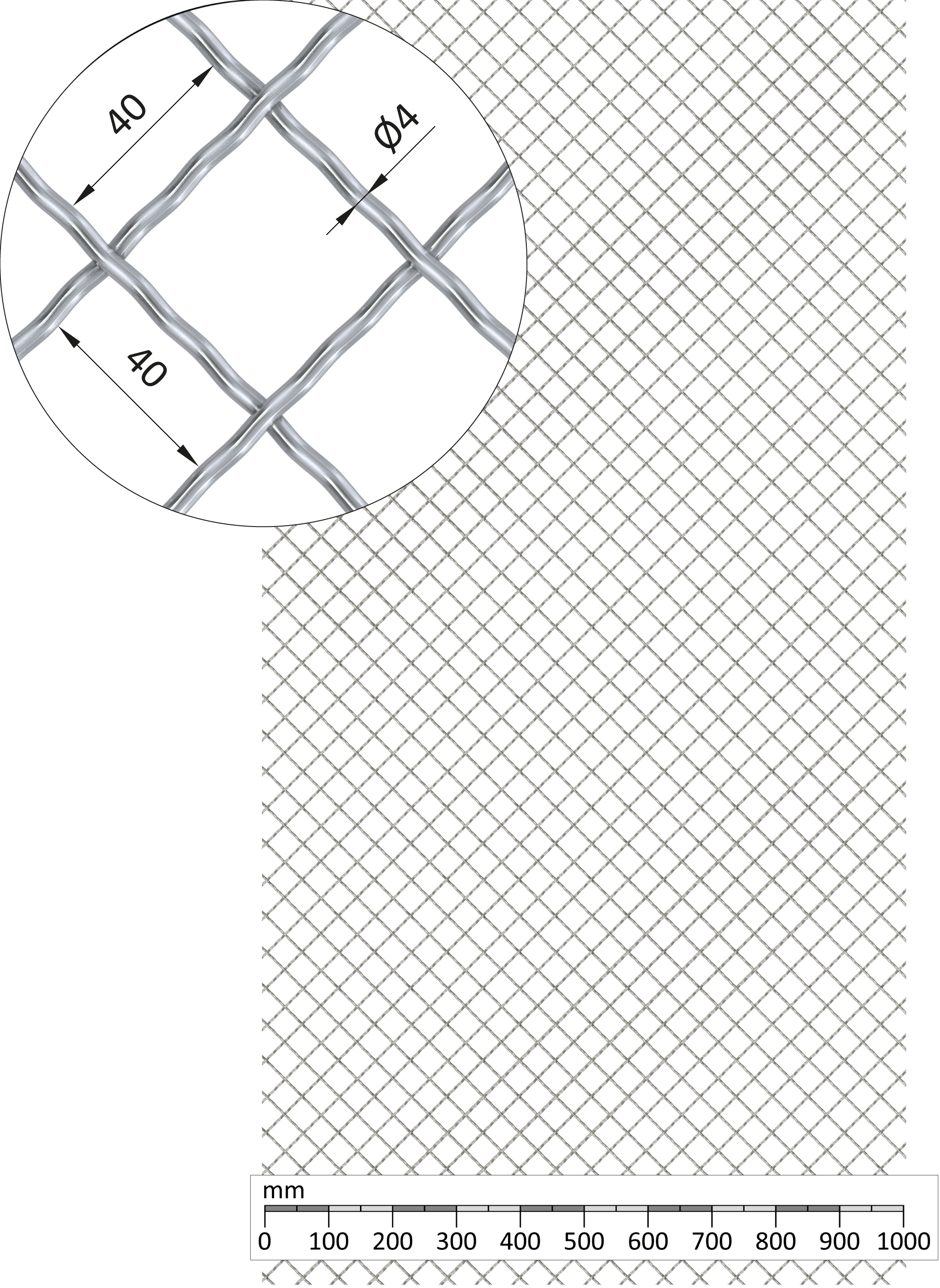 Žebírkové pletené síto - vzor Diamant, oko: 40x40mm, průměr pletiva ø4mm, rozměr 1000x2000mm, pozinkované