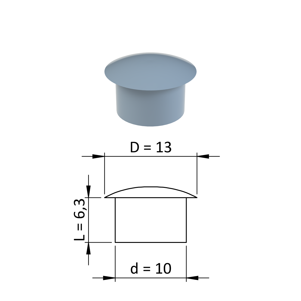 Vnitřní krytka kulatá ø 13 mm, otvor ø 10 mm, šedá, plast