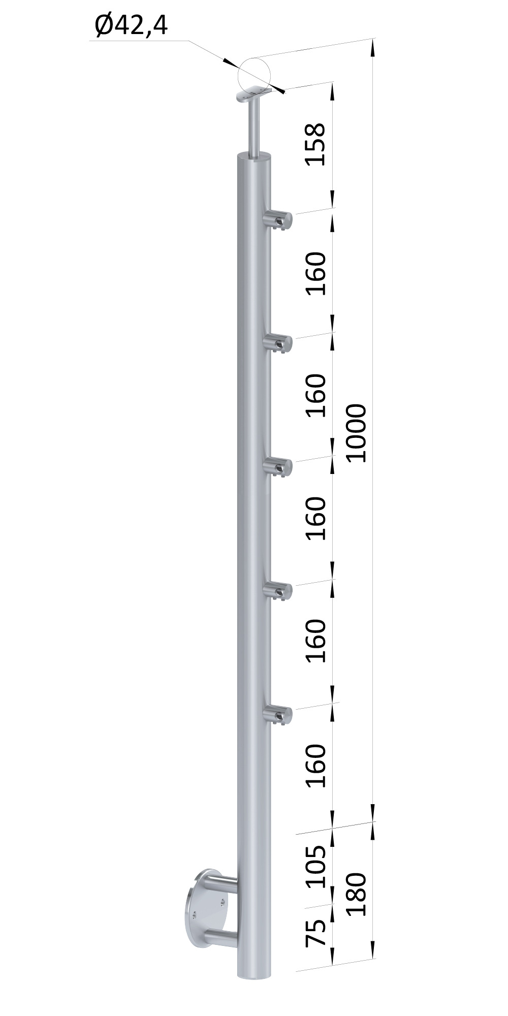 Nerezový sloup, boční kotvení, 5řadový průchozí