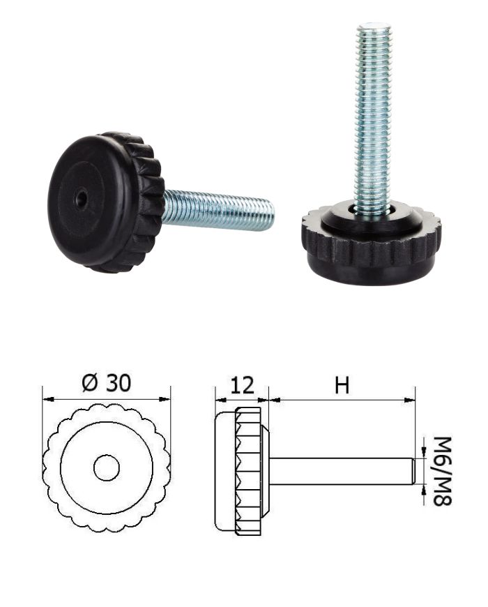 ø-30mm, M8x40mm, H-40mm, černá, bezkloubová plastová nivelační nožička, závitově-nastavitelná