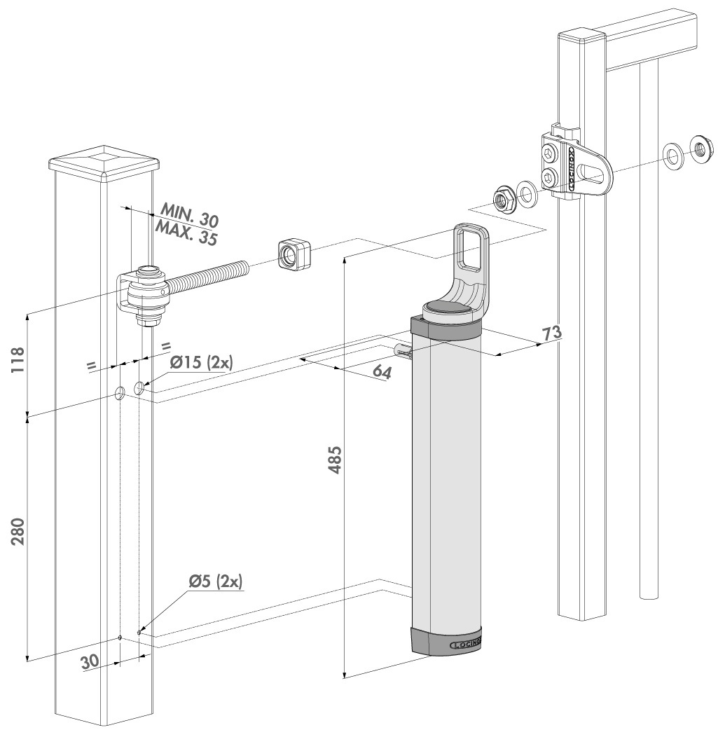 Hydraulický zatvárač 180°, montáž na pánty, RAL 9005