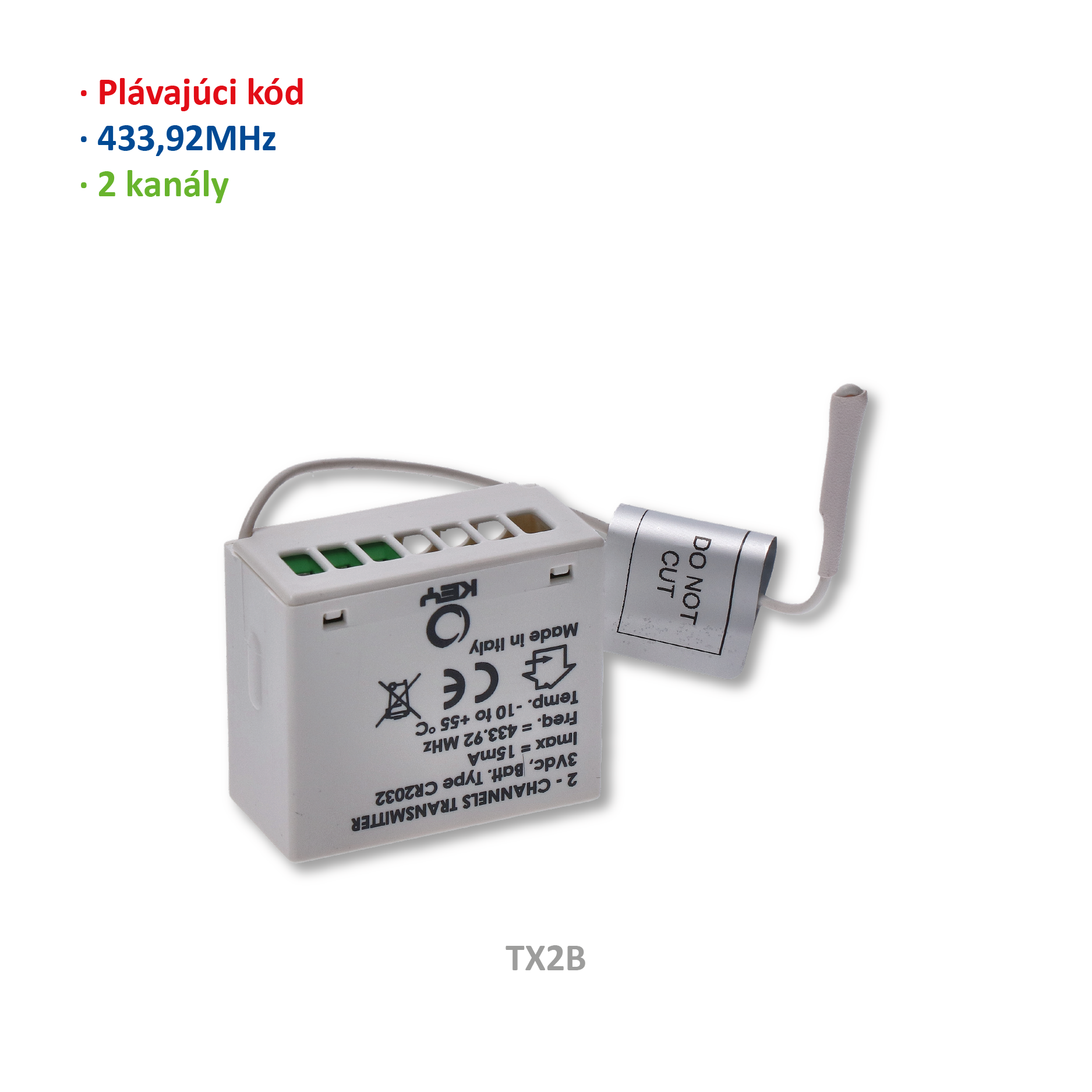 Vestavitelný bateriový 2kanálový vysílač s plovoucím kódem