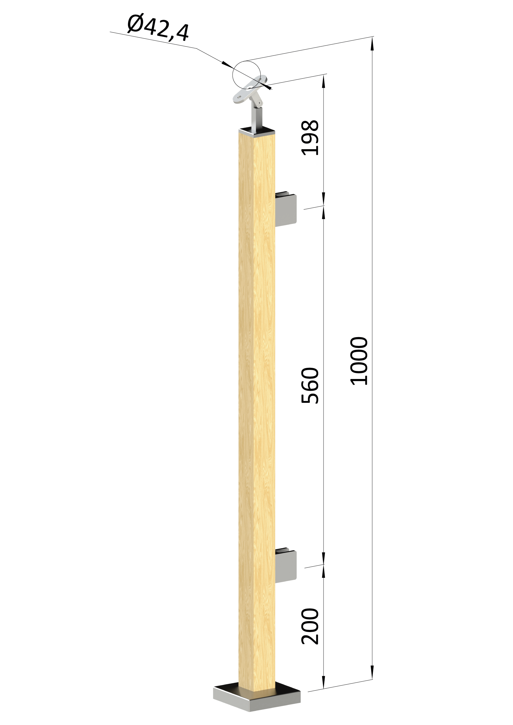 Dřevěný sloup, vrchní kotvení, výplň: sklo, pravý