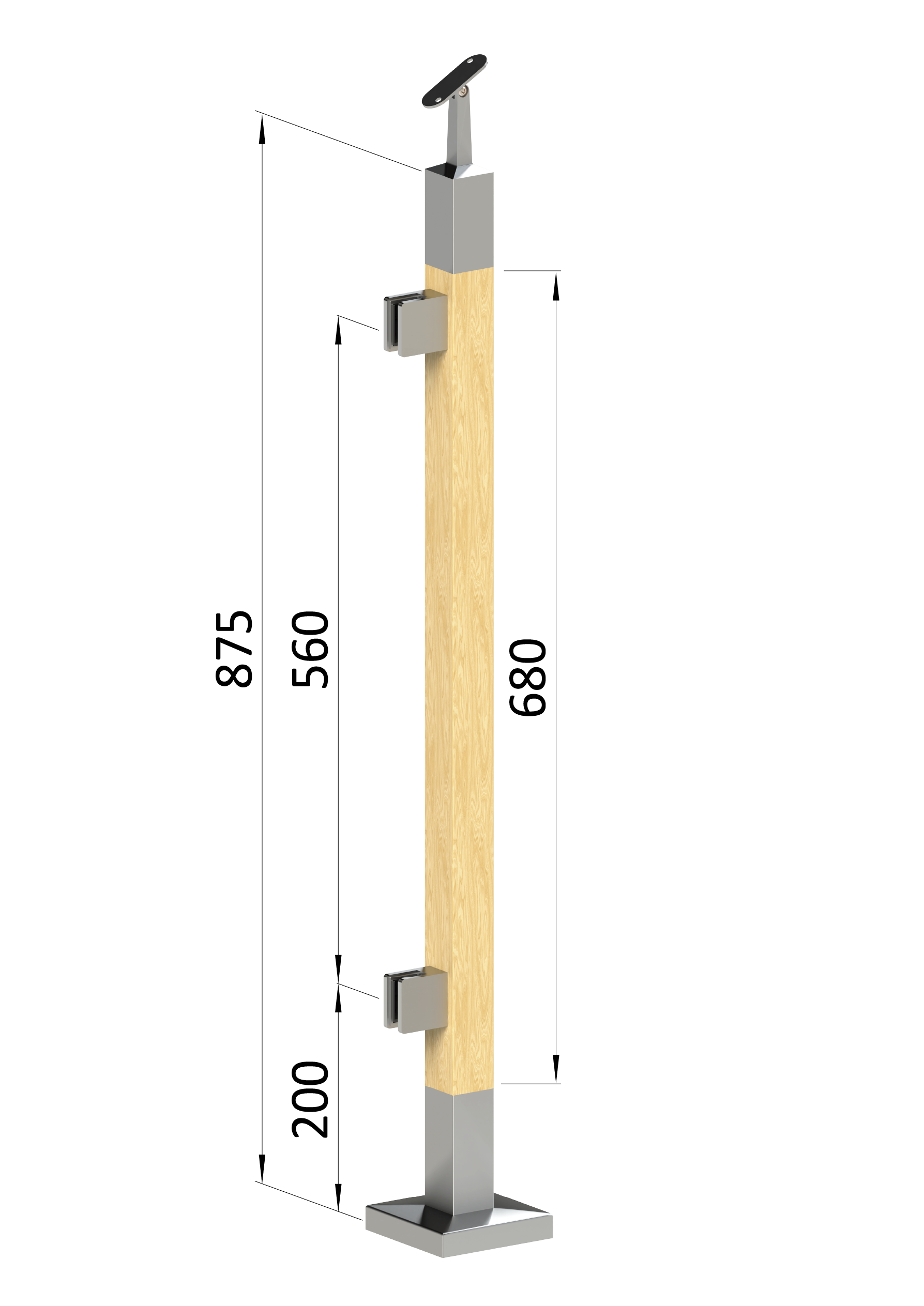 Dřevěný sloup, vrchní kotvení, výplň: sklo, levý