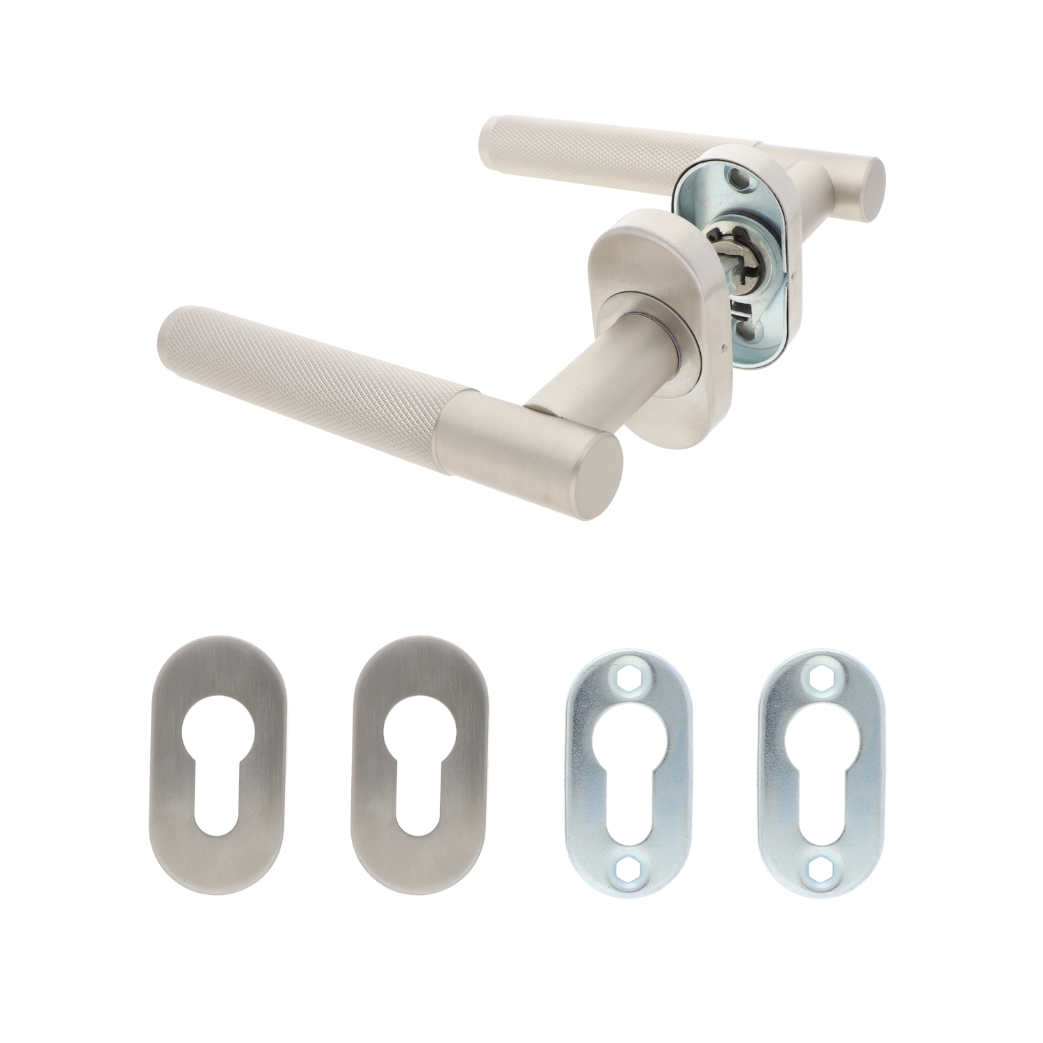 Klika s vroubkovaným madlem, včetně rozety, AL/AISI 304