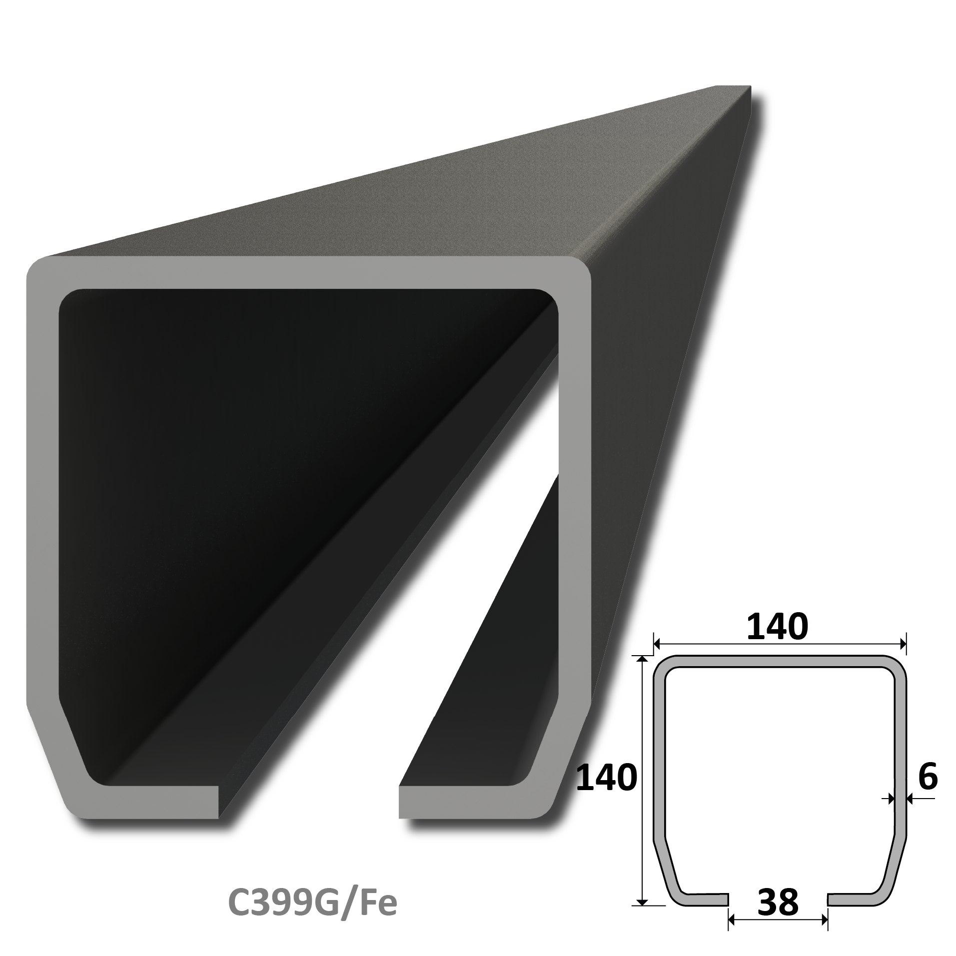 C profil GRANDE, 140 x 140 x 6 x 6000 mm, černý Fe