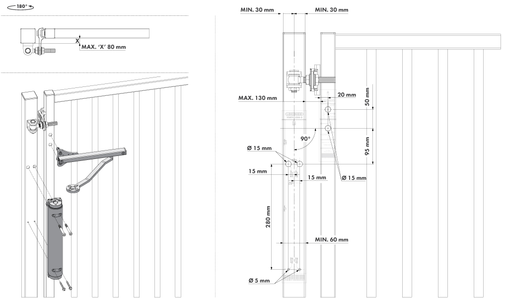 Hydraulický zatvárač s klznou lištou, do 150 kg, RAL 9005